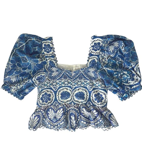 FARM RIO Women's Tile Dream Multicolor Short Puff Sleeve Peplum Blouse - Picture 4 of 6